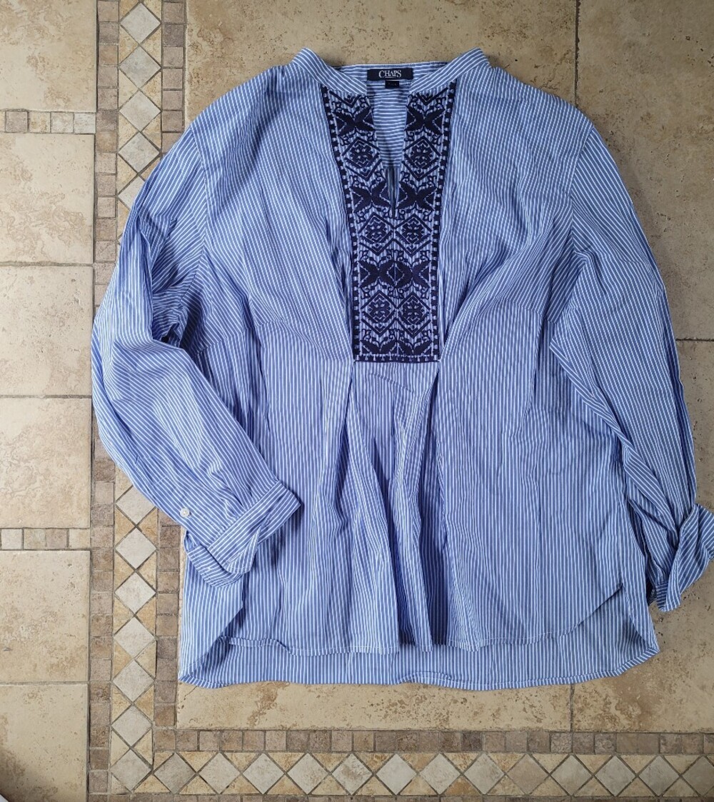 Chaps Light Blue and White Striped Button-Up Shirt with Navy Embroidery